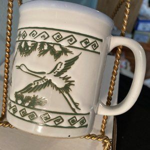 VTG Otagiri 8oz Coffee Mug-White& Green Cranes/Geese/Swan Flying-Japan-3.5"H-EUC
